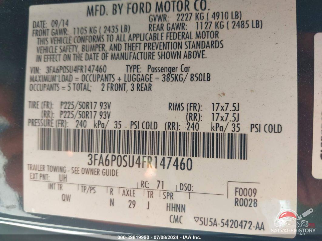 3FA6P0SU4FR147460 2015 FORD FUSION ENERGI photo no. 9