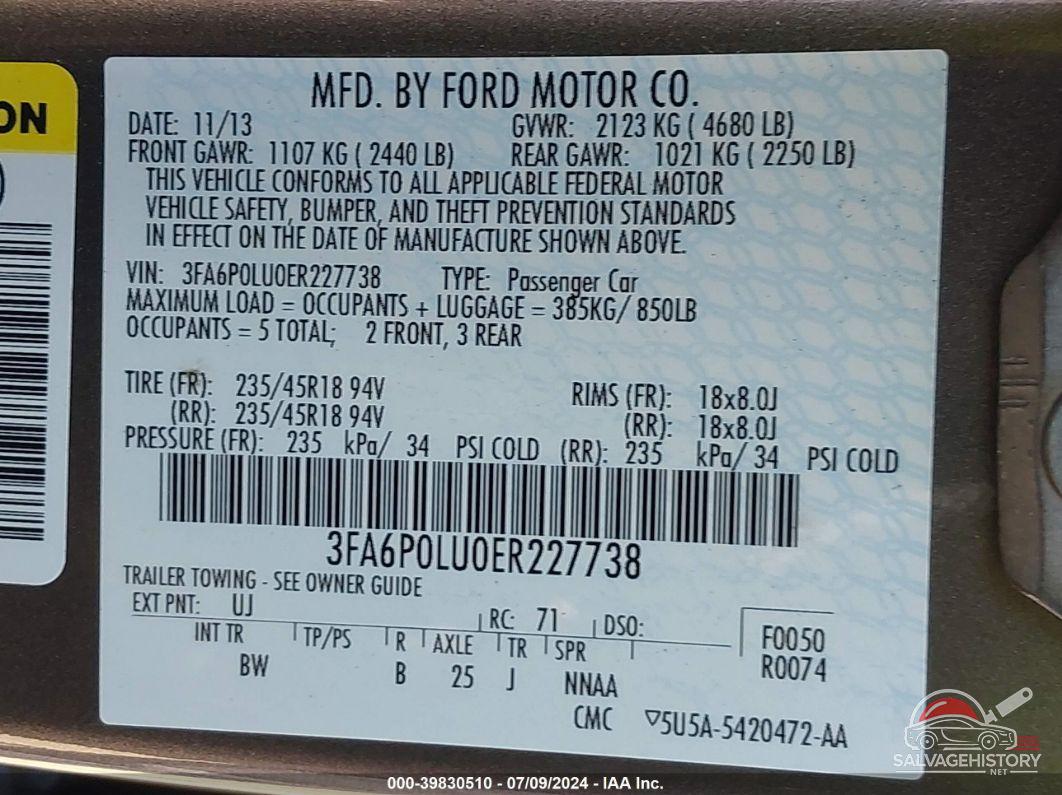 3FA6P0LU0ER227738 2014 FORD FUSION HYBRID photo no. 9