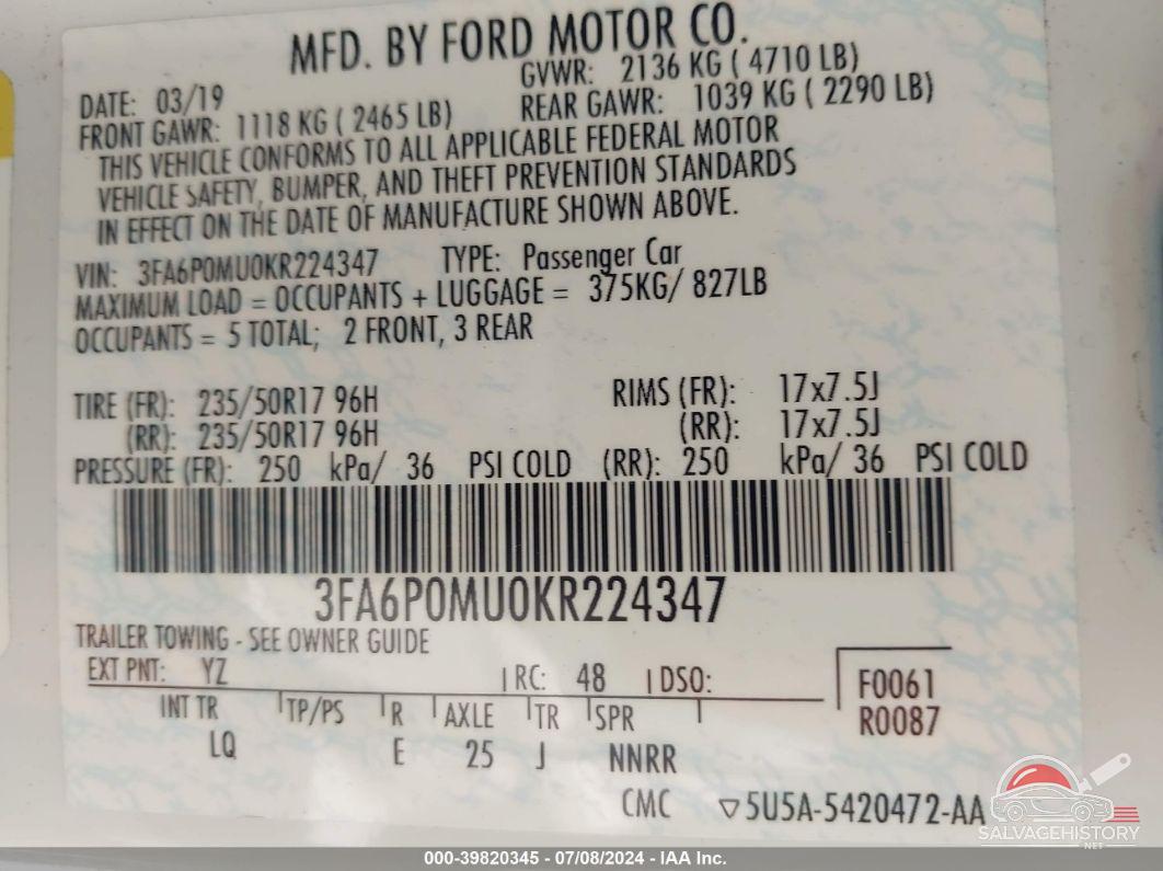 3FA6P0MU0KR224347 2019 FORD FUSION HYBRID photo no. 9
