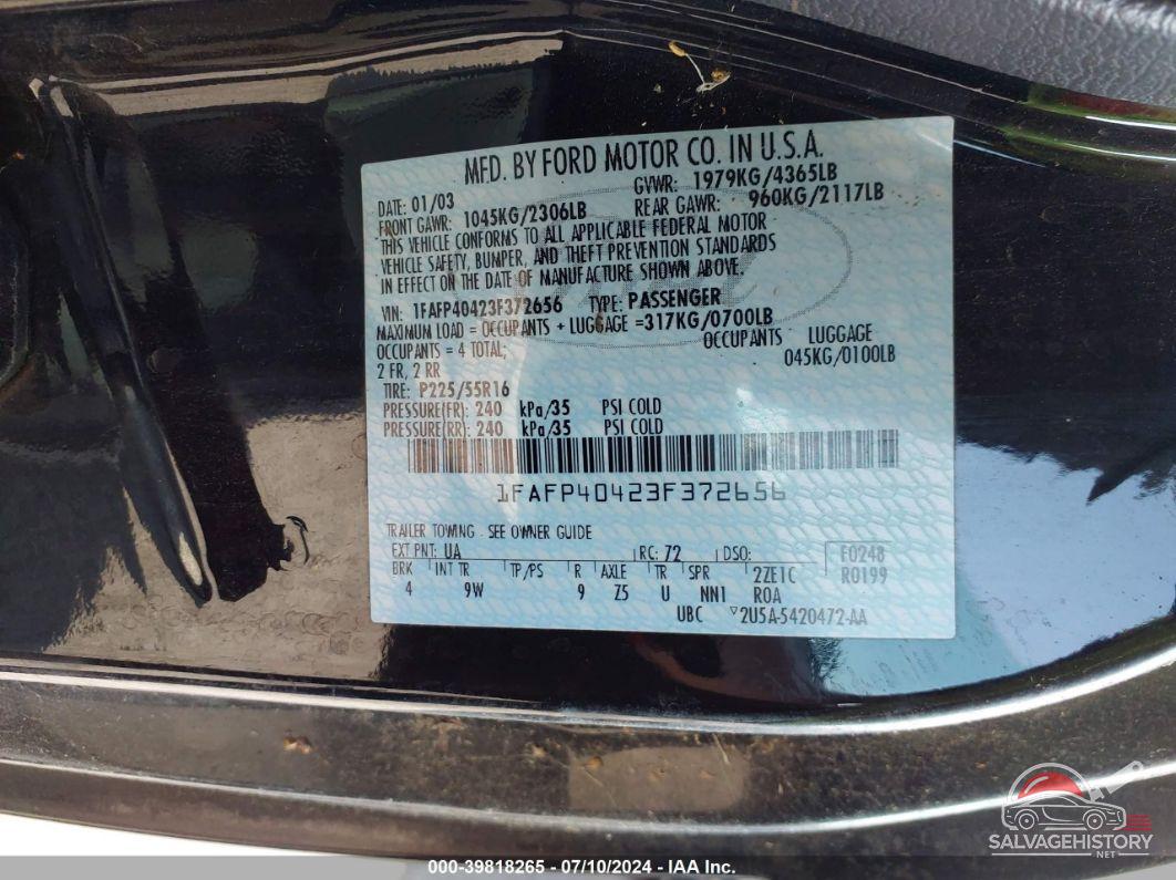 1FAFP40423F372656 2003 FORD MUSTANG photo no. 9