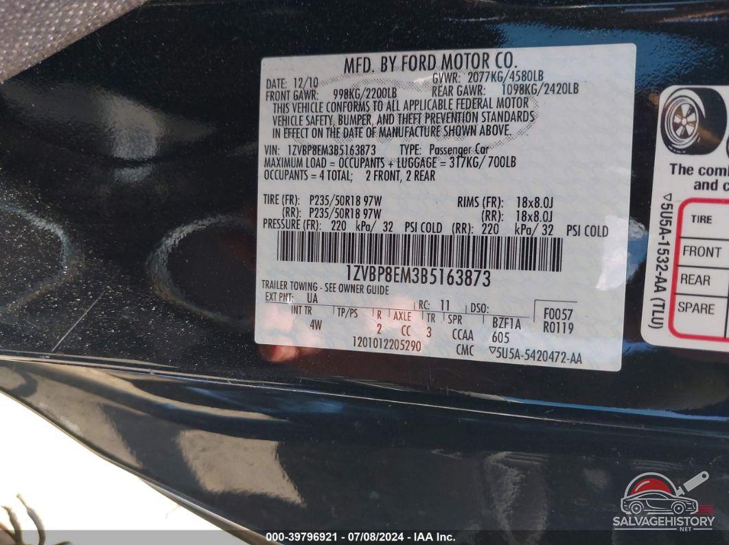1ZVBP8EM3B5163873 2011 FORD MUSTANG photo no. 9