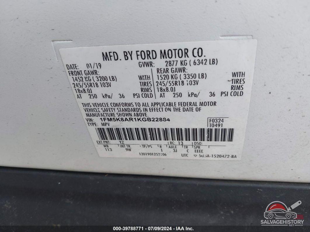 1FM5K8AR1KGB22884 2019 FORD POLICE INTERCEPTOR UTILITY photo no. 9