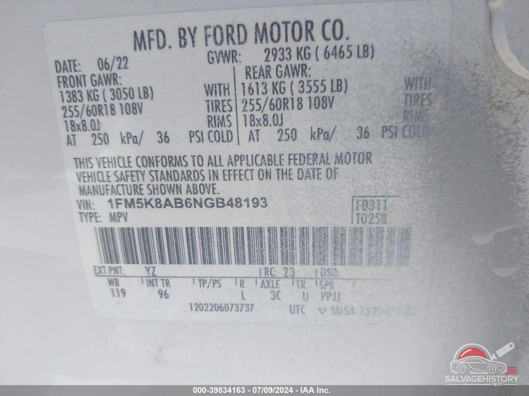 1FM5K8AB6NGB48193 2022 FORD POLICE INTERCEPTOR UTILITY photo no. 9
