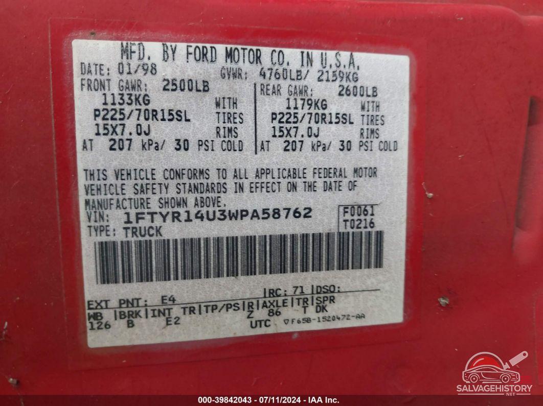 1FTYR14U3WPA58762 1998 FORD RANGER photo no. 9