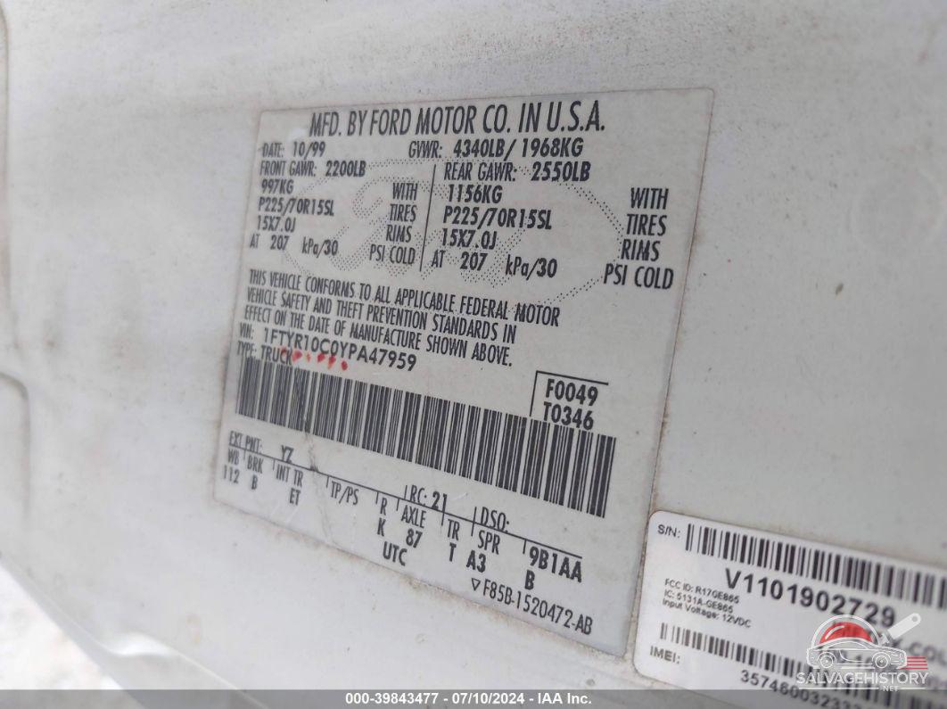 1FTYR10C0YPA47959 2000 FORD RANGER photo no. 9