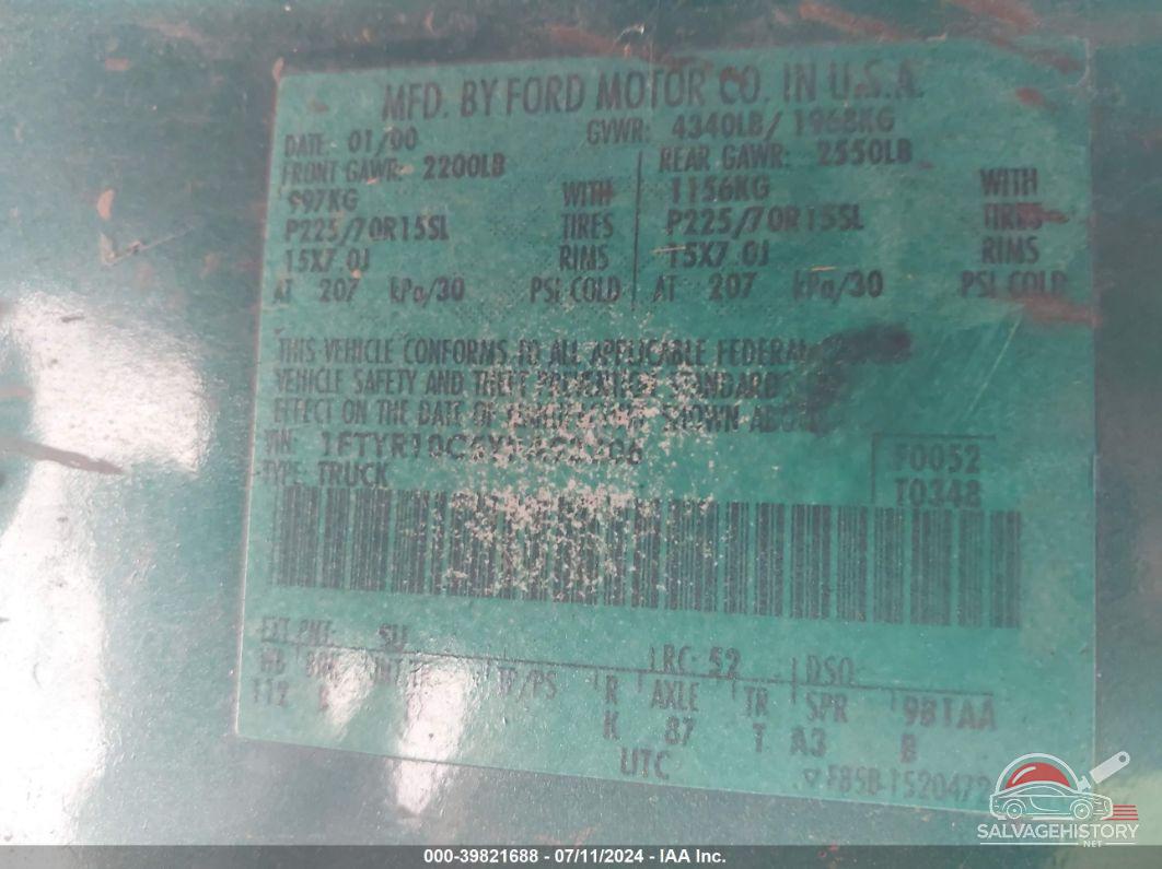 1FTYR10C5YPA93206 2000 FORD RANGER photo no. 9