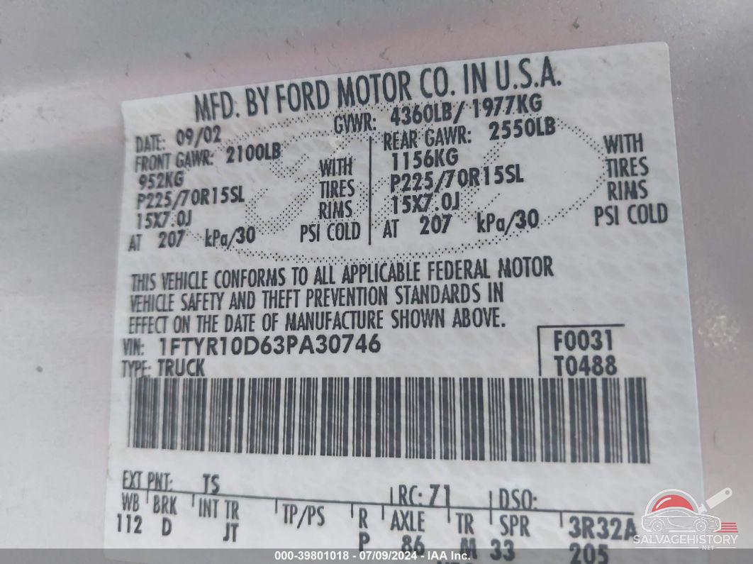 1FTYR10D63PA30746 2003 FORD RANGER photo no. 9