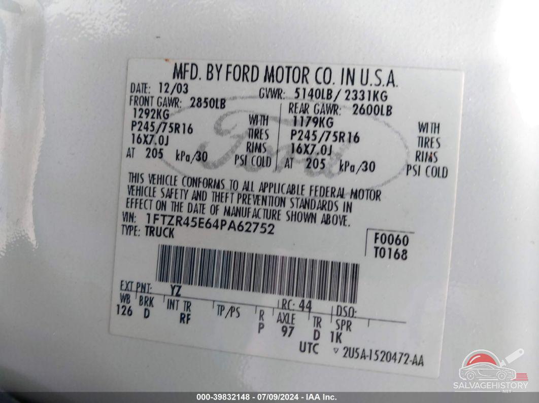 1FTZR45E64PA62752 2004 FORD RANGER photo no. 9
