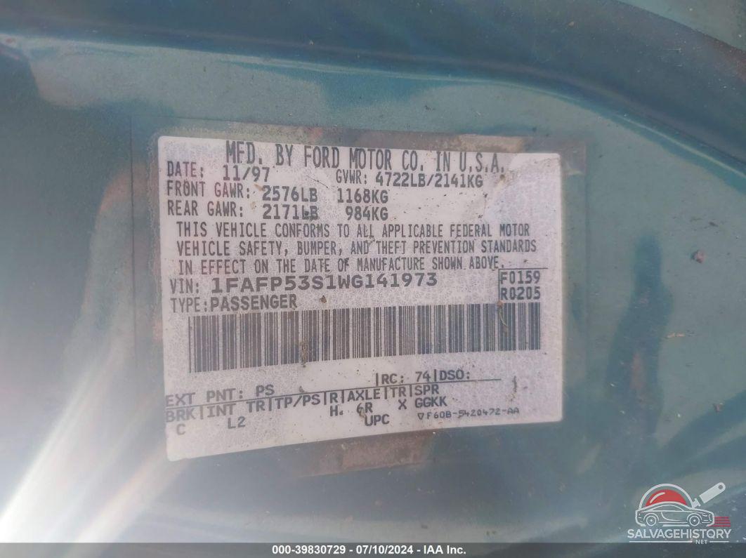 1FAFP53S1WG141973 1998 FORD TAURUS photo no. 9