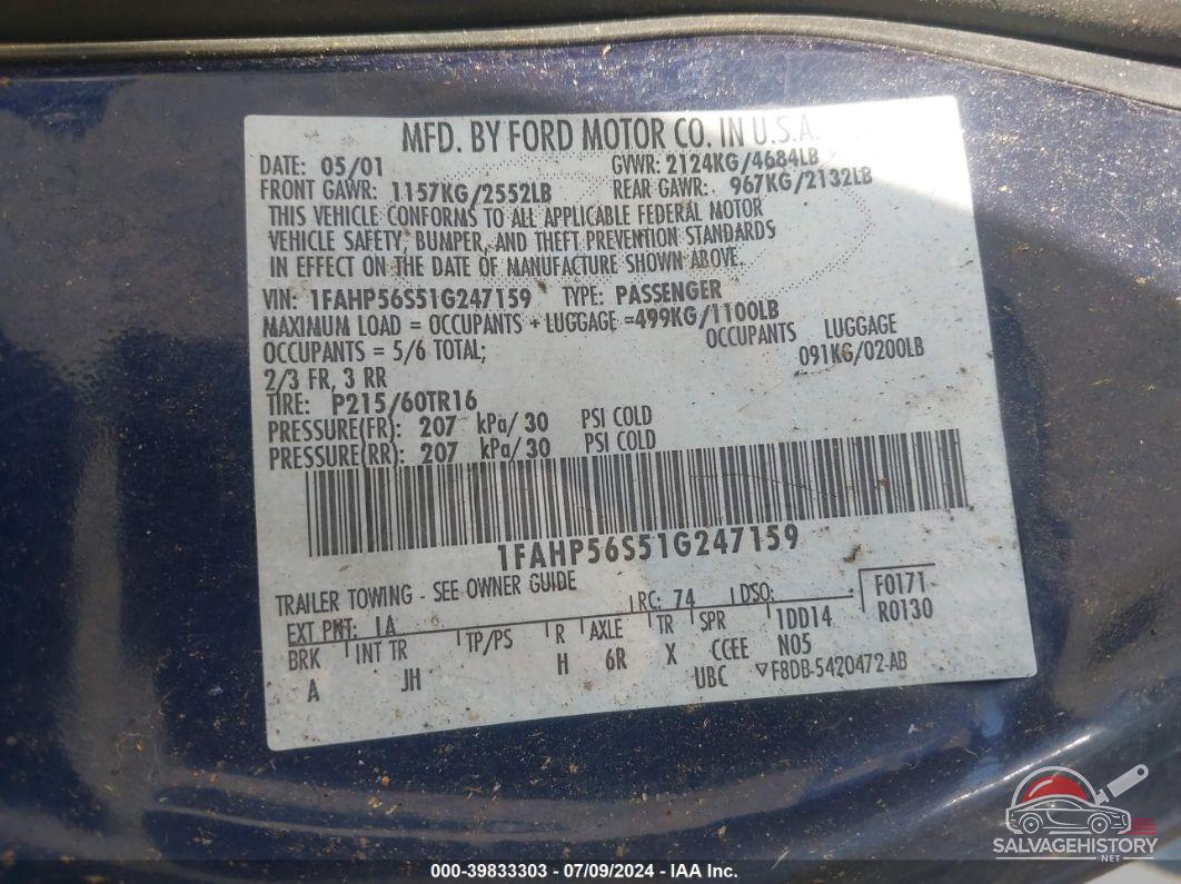 1FAHP56S51G247159 2001 FORD TAURUS photo no. 9