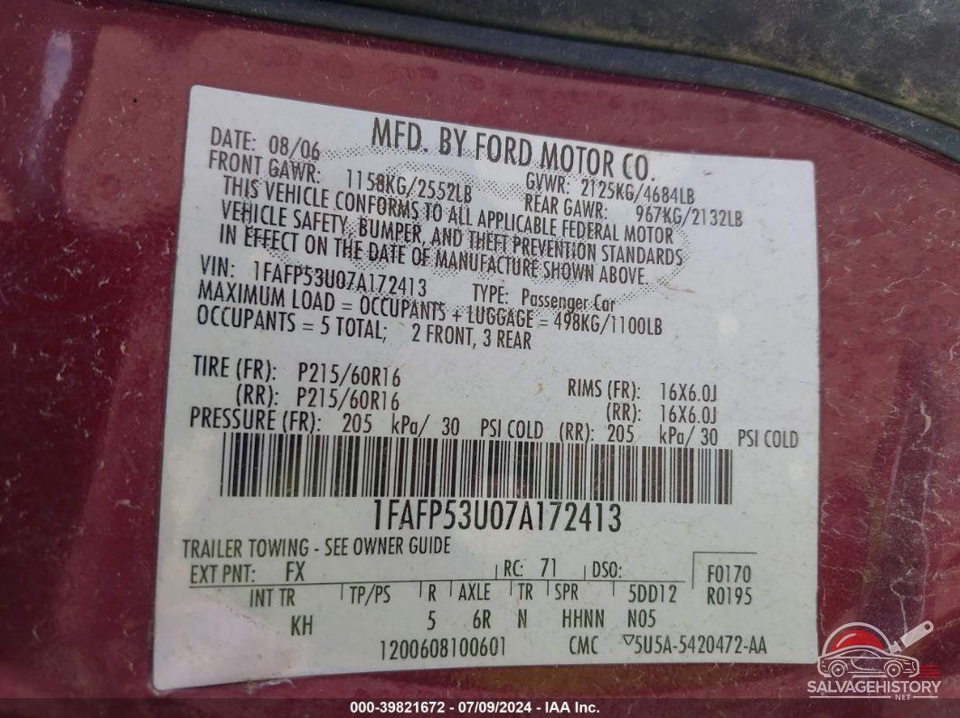 1FAFP53U07A172413 2007 FORD TAURUS photo no. 9