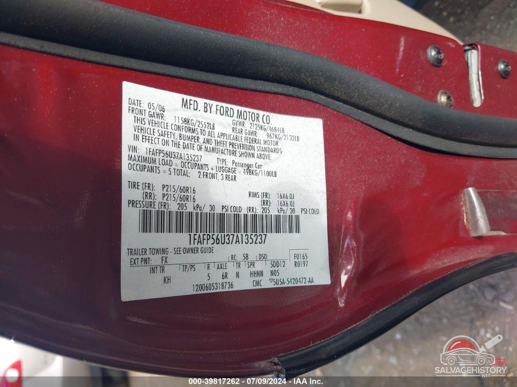 1FAFP56U37A135237 2007 FORD TAURUS photo no. 9