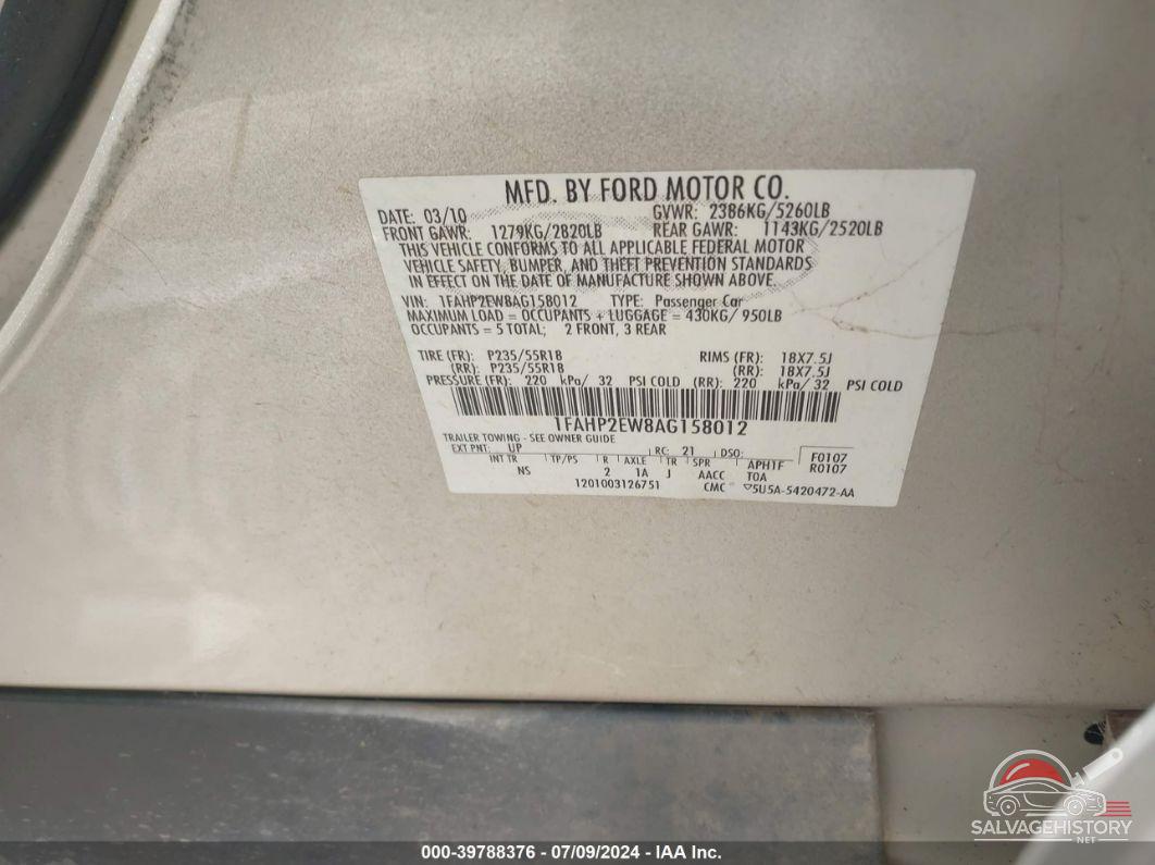 1FAHP2EW8AG158012 2010 FORD TAURUS photo no. 9