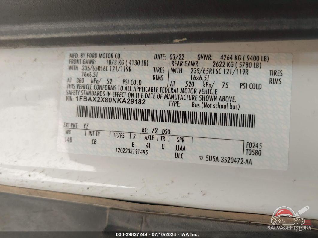 1FBAX2X80NKA29182 2022 FORD TRANSIT photo no. 9