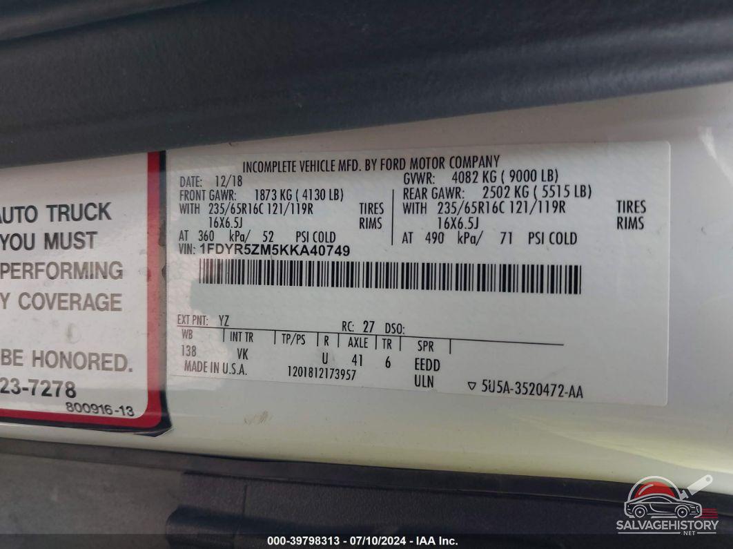 1FDYR5ZM5KKA40749 2019 FORD TRANSIT-250 CAB photo no. 9