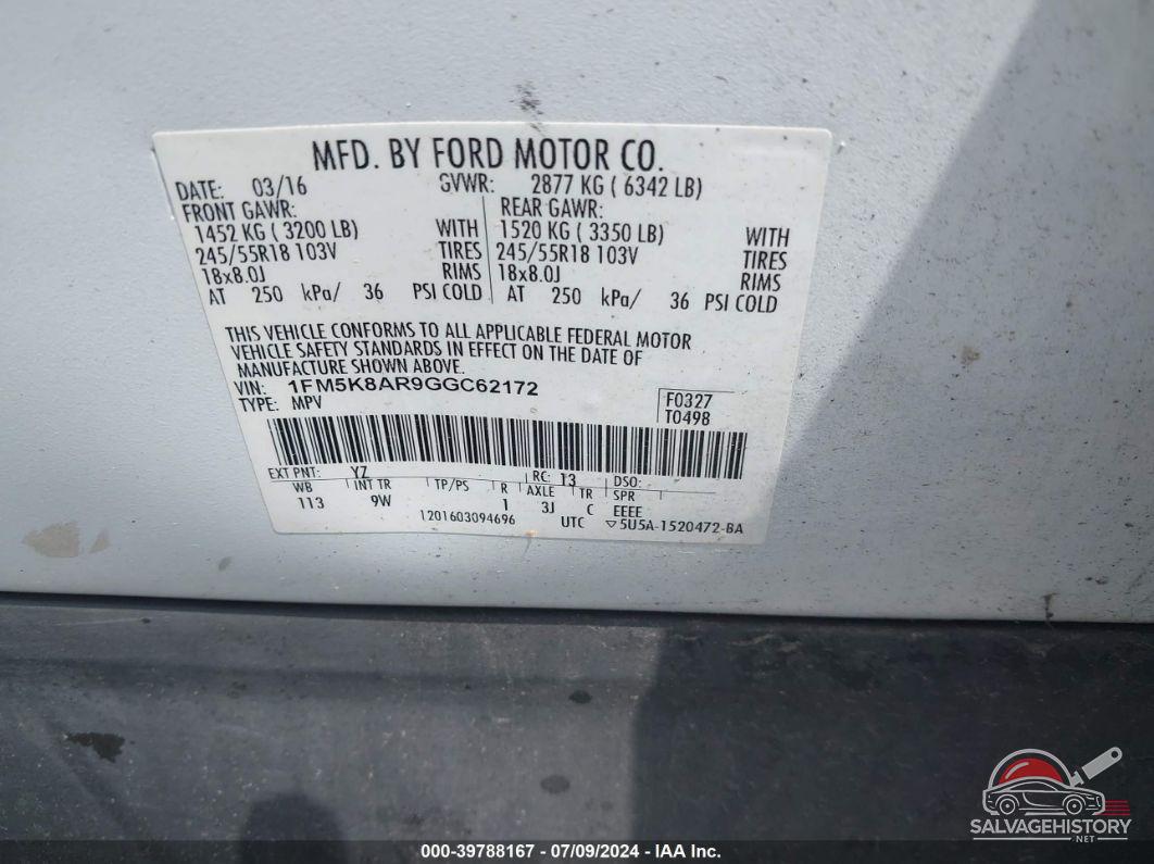 1FM5K8AR9GGC62172 2016 FORD UTILITY POLICE INTERCEPTOR photo no. 9