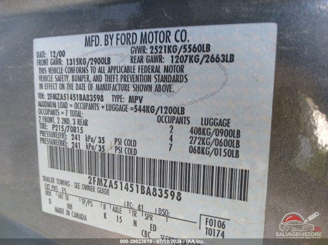 2FMZA51451BA83598 2001 FORD WINDSTAR photo no. 9
