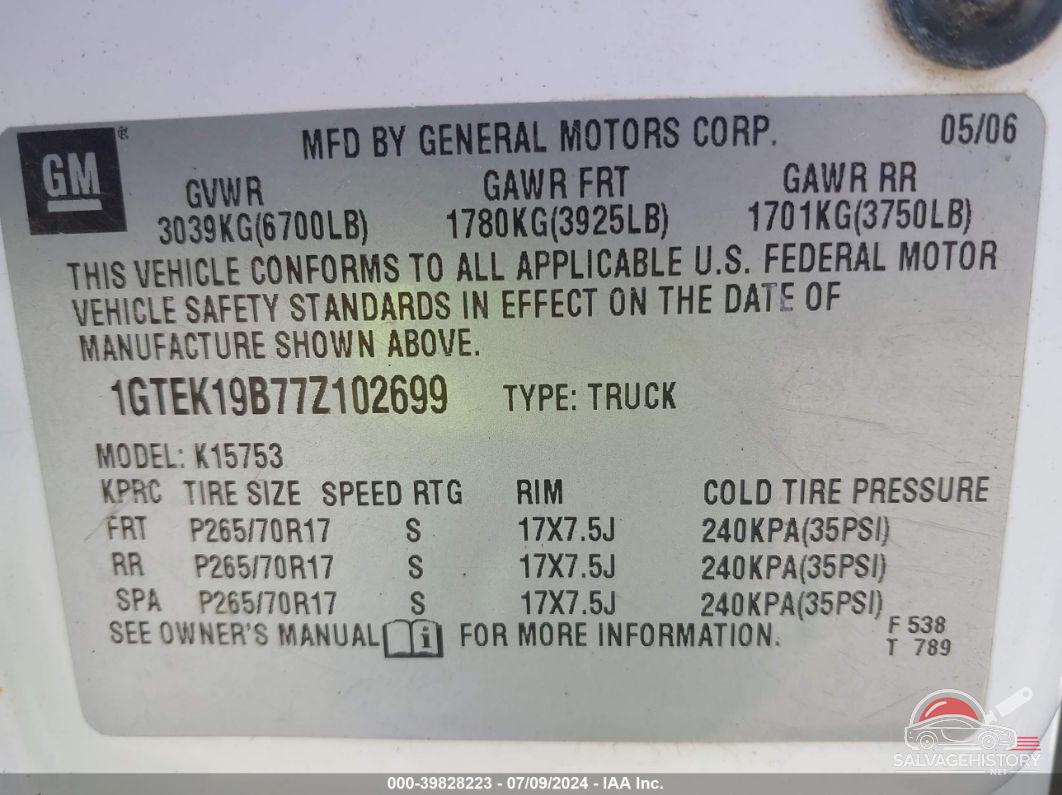 1GTEK19B77Z102699 2007 GMC SIERRA 1500 CLASSIC photo no. 9