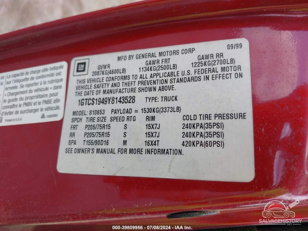 1GTCS1949Y8143528 2000 GMC SONOMA photo no. 9