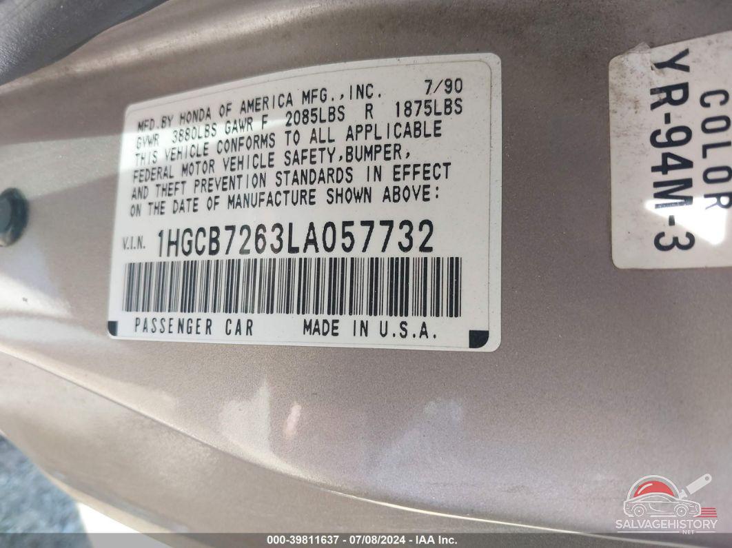 1HGCB7263LA057732 1990 HONDA ACCORD photo no. 9