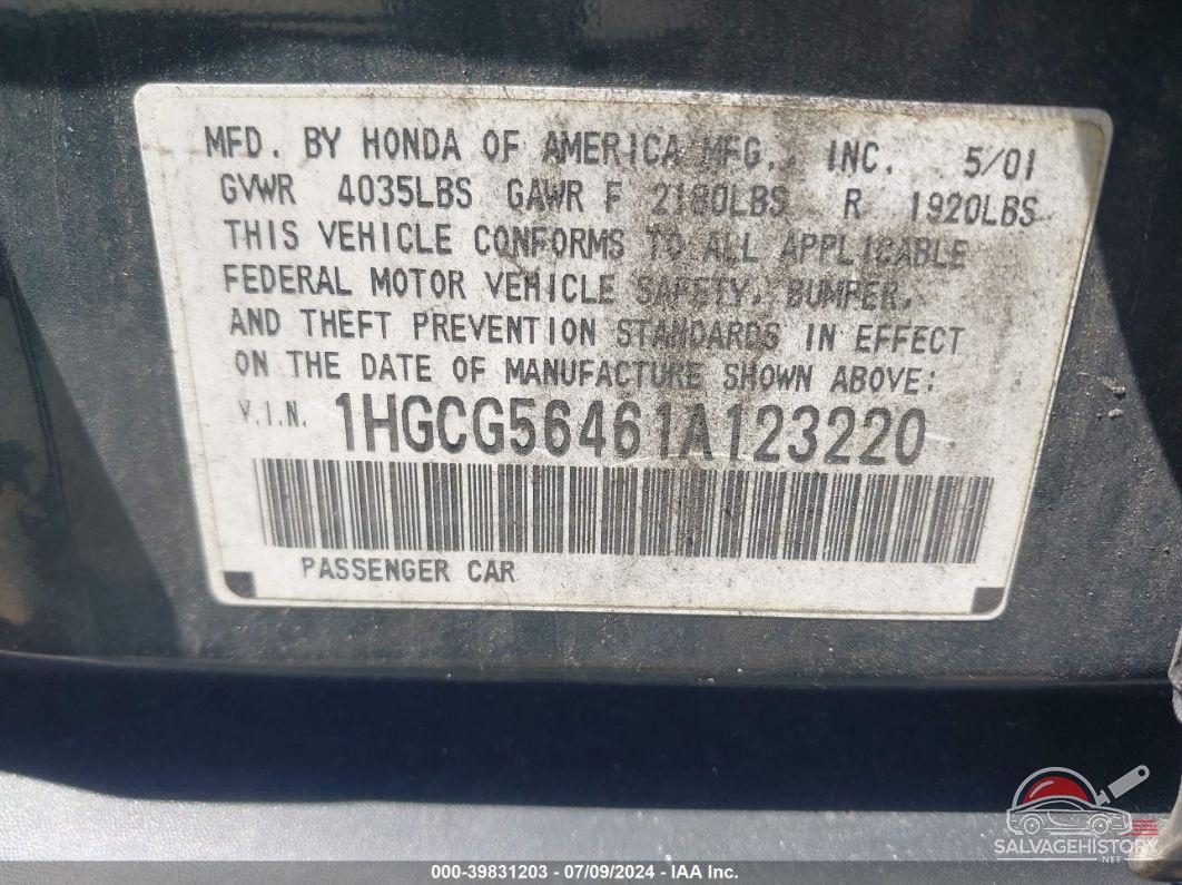 1HGCG56461A123220 2001 HONDA ACCORD photo no. 9