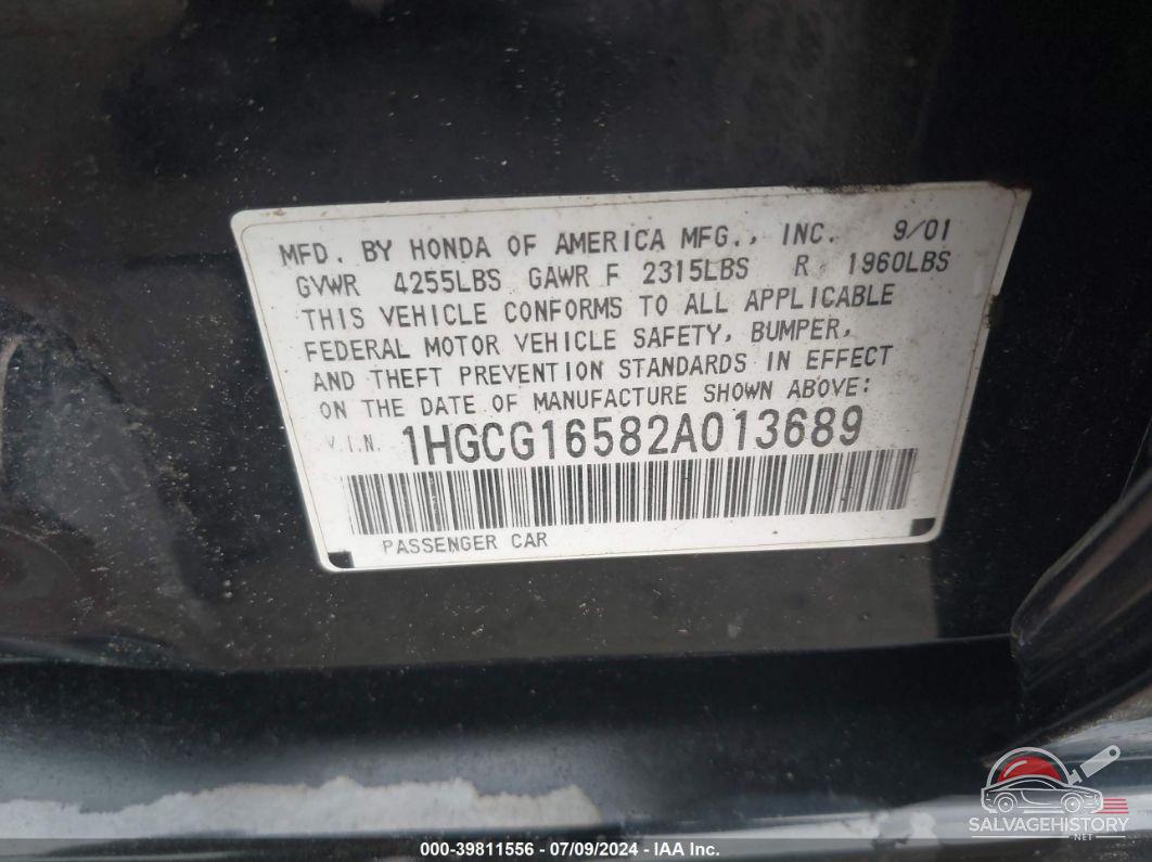 1HGCG16582A013689 2002 HONDA ACCORD photo no. 9