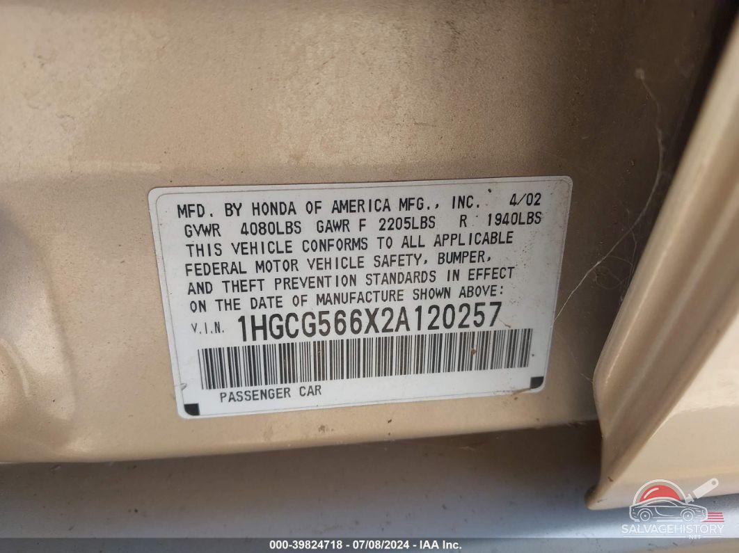 1HGCG566X2A120257 2002 HONDA ACCORD photo no. 9