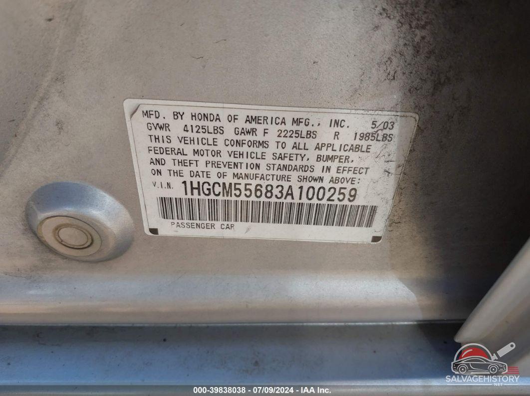 1HGCM55683A100259 2003 HONDA ACCORD photo no. 9