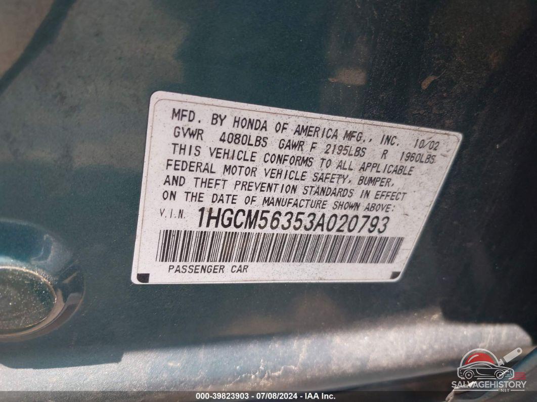 1HGCM56353A020793 2003 HONDA ACCORD photo no. 9