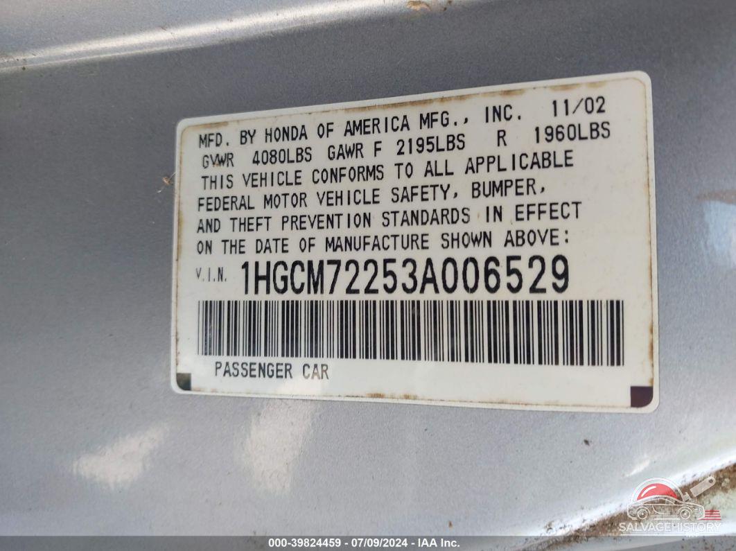 1HGCM72253A006529 2003 HONDA ACCORD photo no. 9