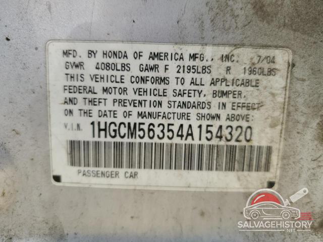 1HGCM56354A154320 2004 HONDA ACCORD photo no. 12