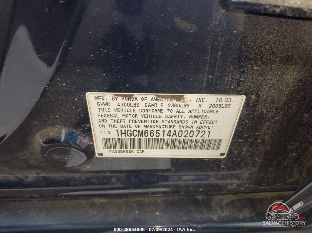 1HGCM66514A020721 2004 HONDA ACCORD photo no. 9