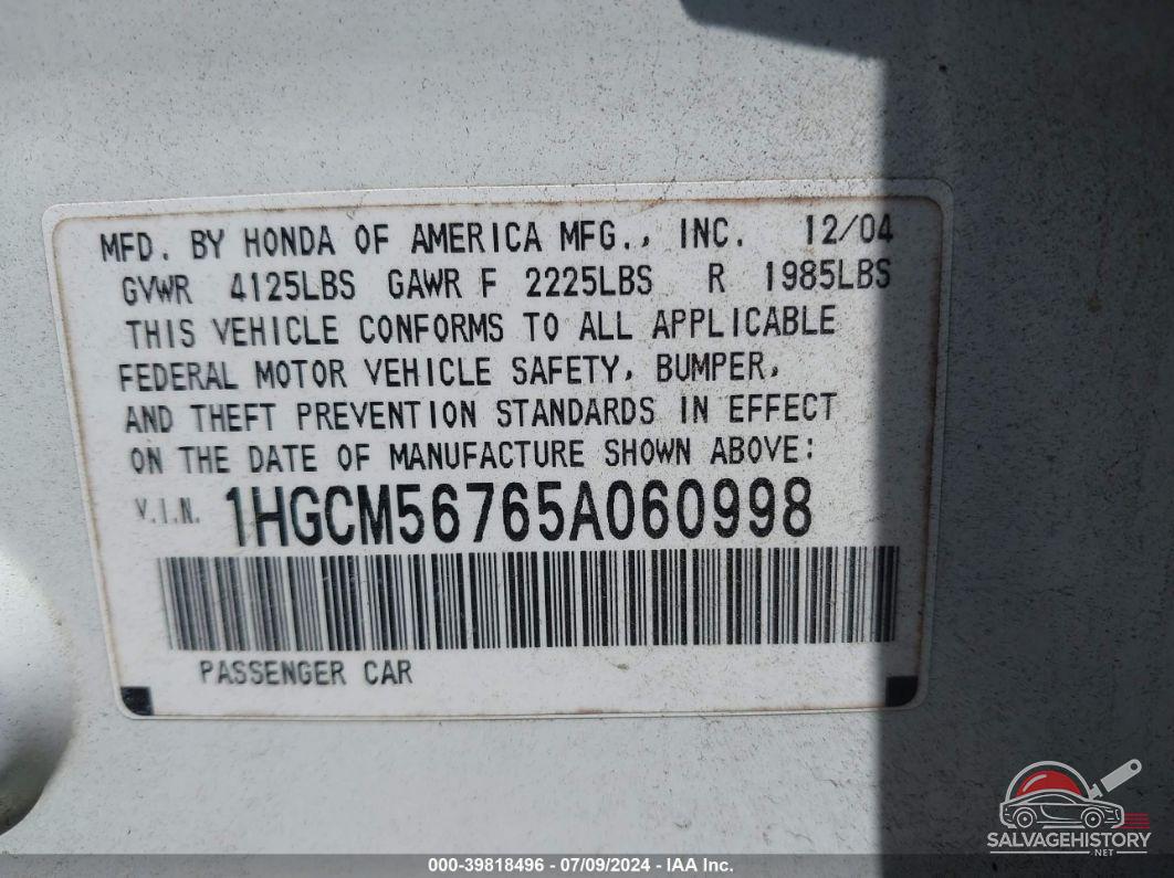 1HGCM56765A060998 2005 HONDA ACCORD photo no. 9