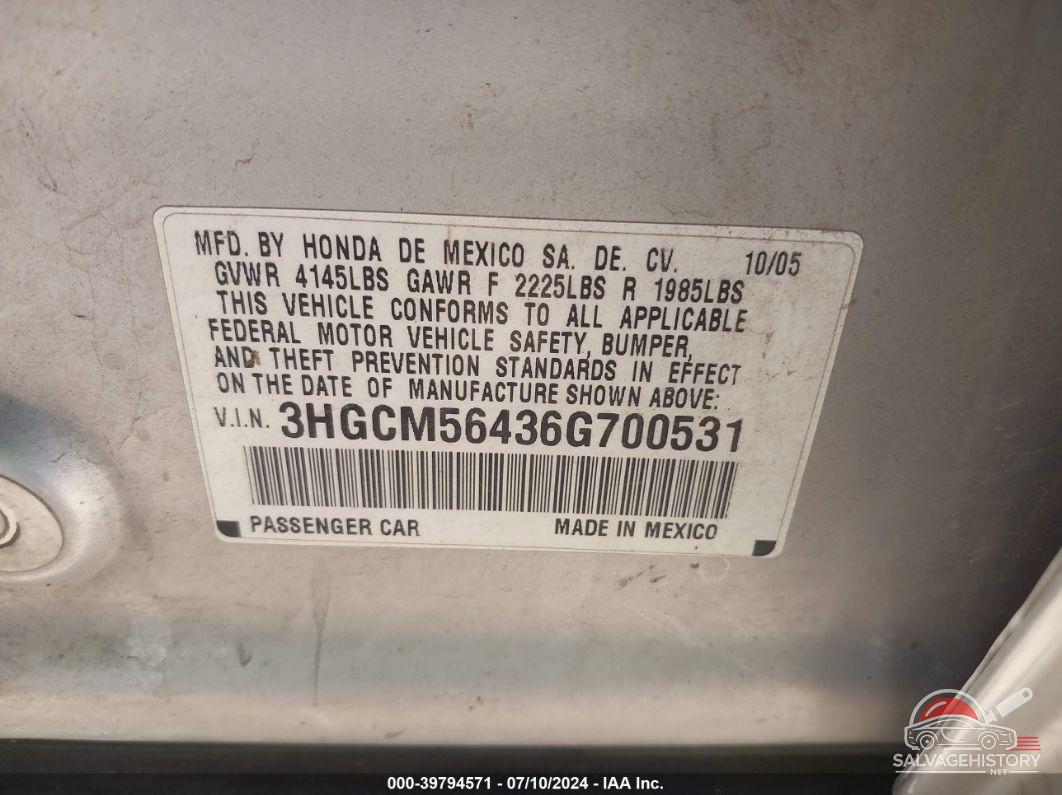 3HGCM56436G700531 2006 HONDA ACCORD photo no. 9