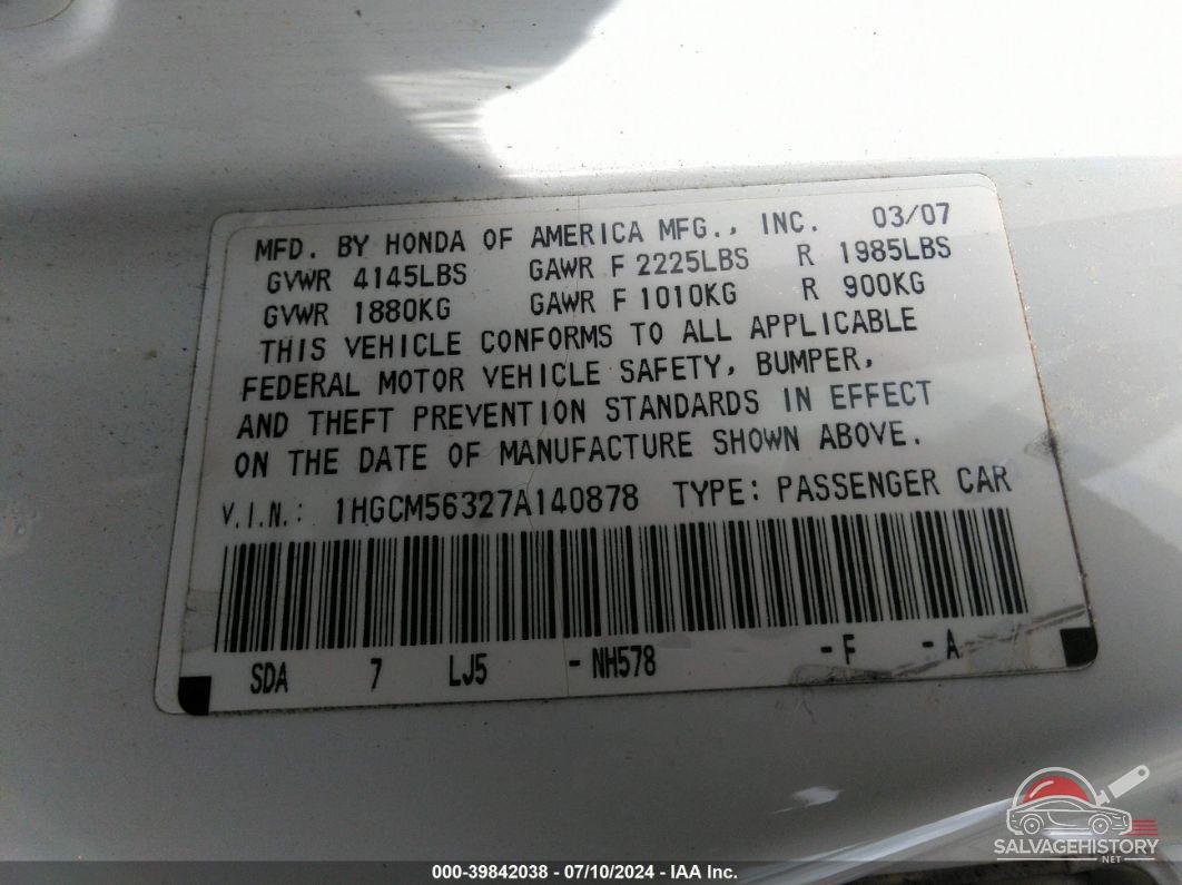 1HGCM56327A140878 2007 HONDA ACCORD photo no. 9