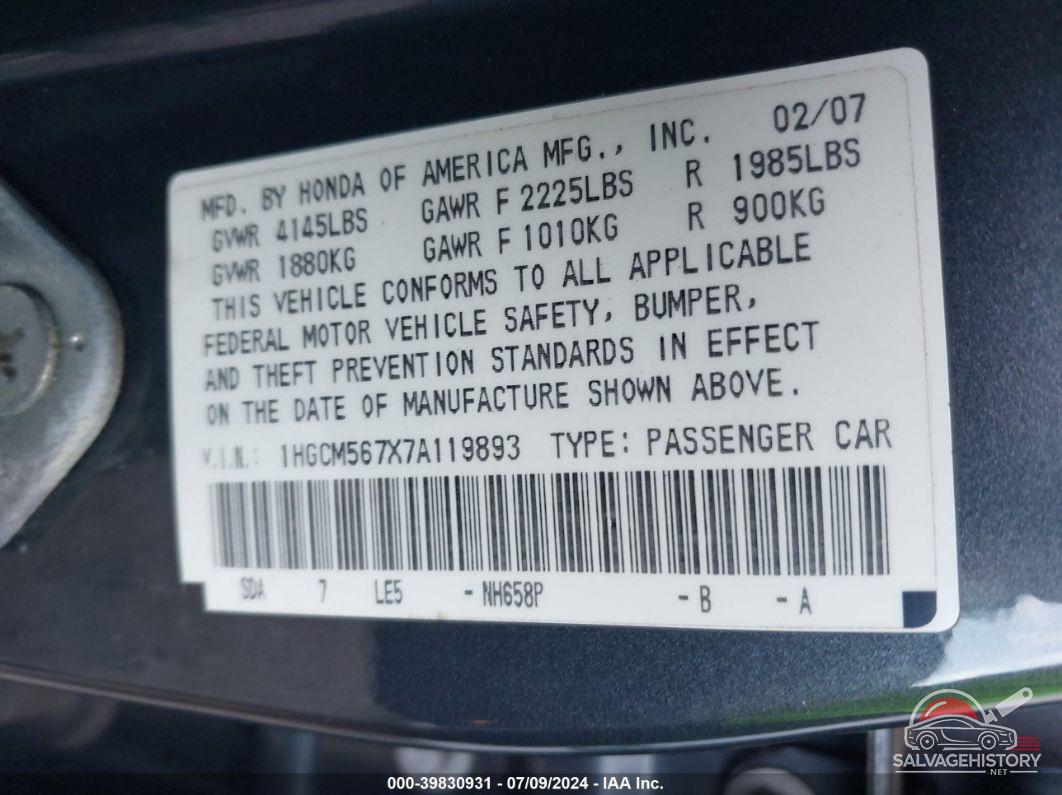 1HGCM567X7A119893 2007 HONDA ACCORD photo no. 9