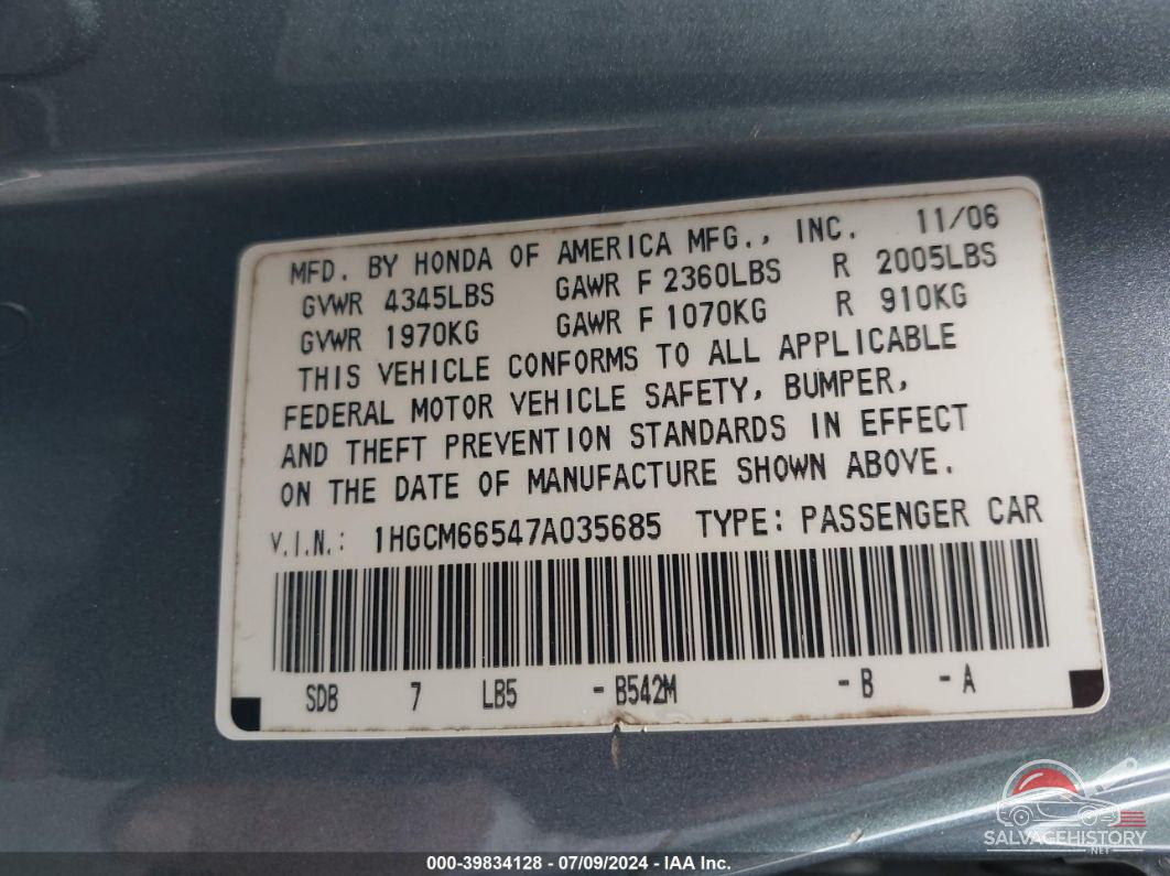 1HGCM66547A035685 2007 HONDA ACCORD photo no. 9