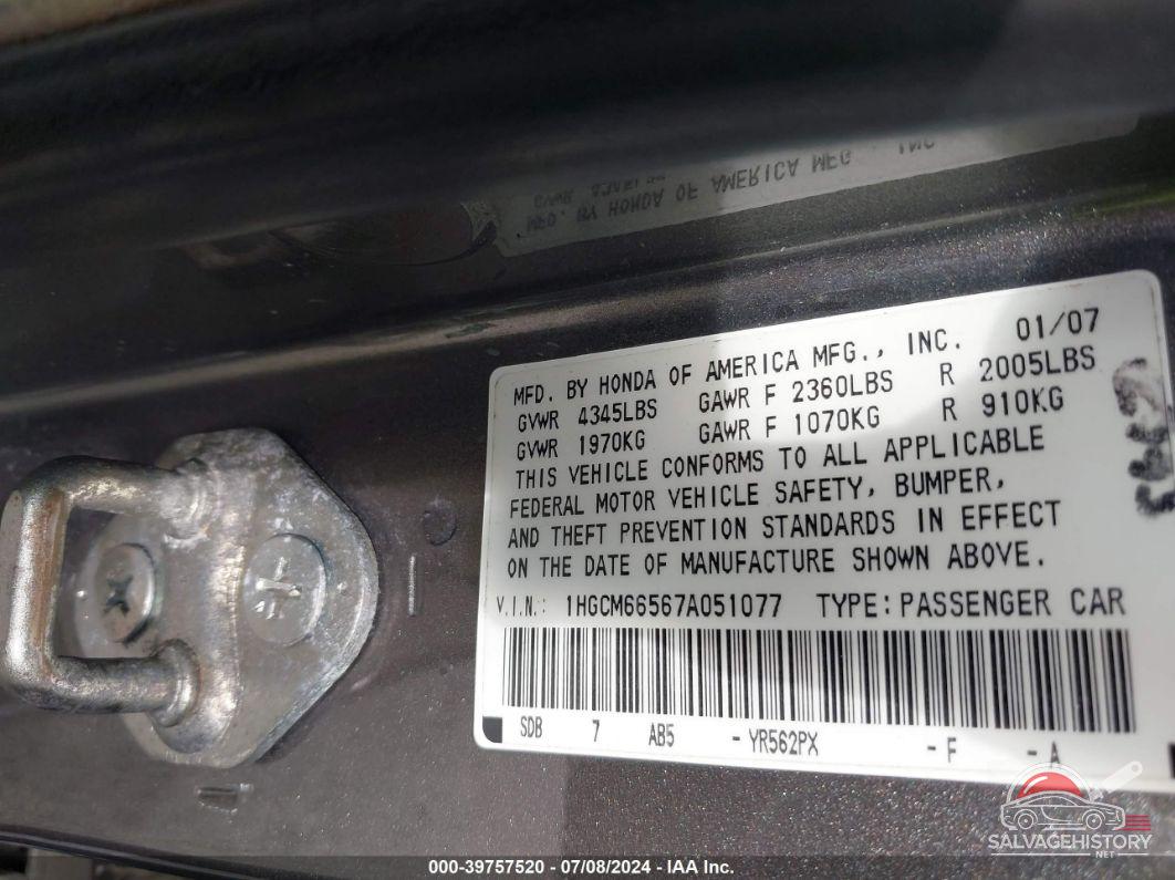 1HGCM66567A051077 2007 HONDA ACCORD photo no. 9