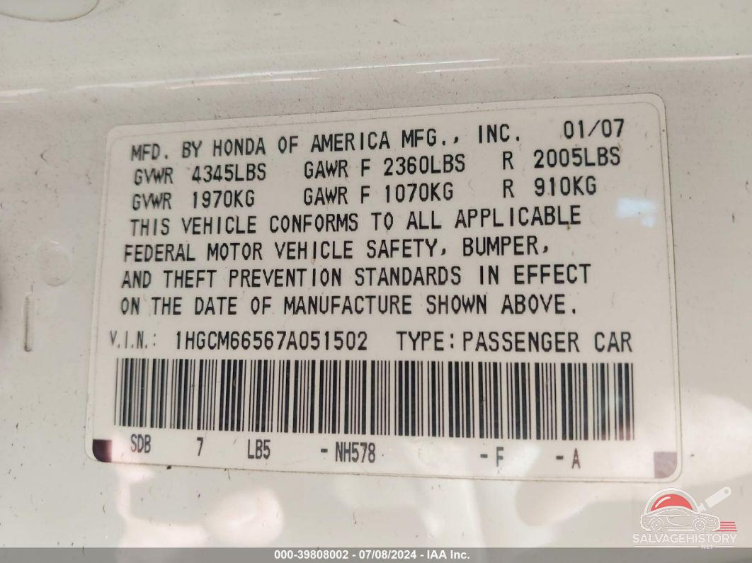 1HGCM66567A051502 2007 HONDA ACCORD photo no. 9