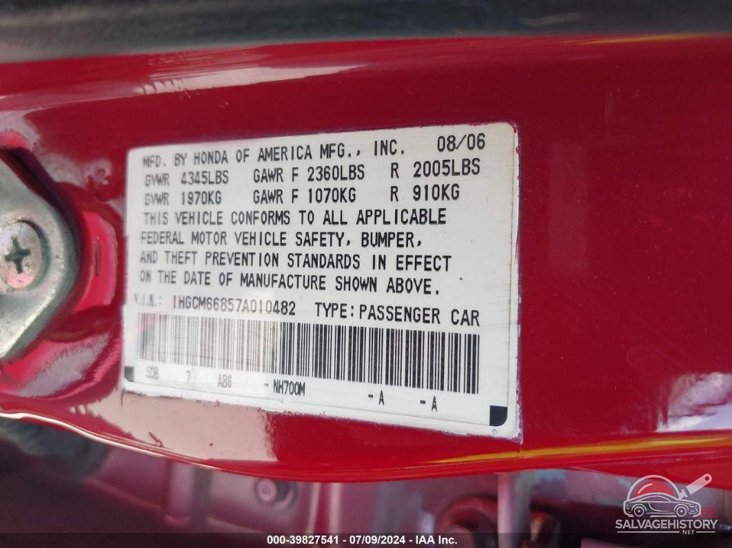 1HGCM66857A010482 2007 HONDA ACCORD photo no. 9