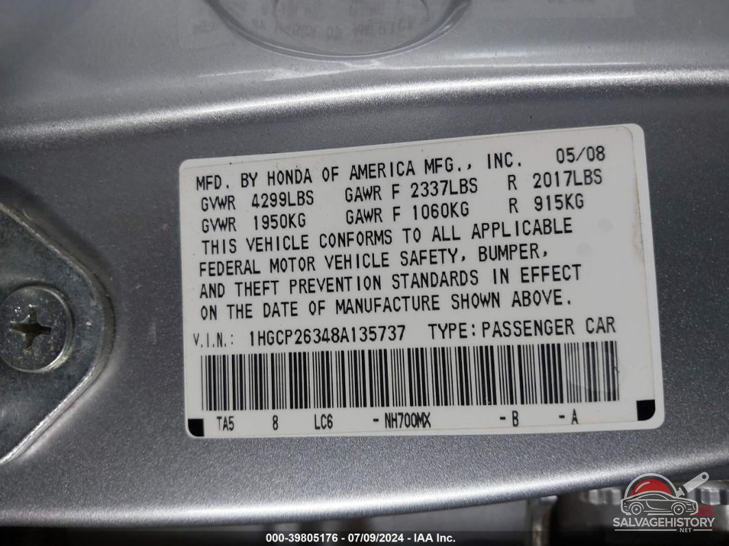 1HGCP26348A135737 2008 HONDA ACCORD photo no. 9
