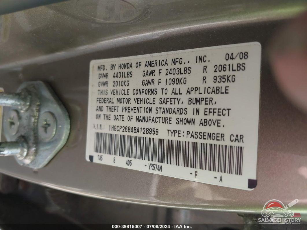 1HGCP26848A128959 2008 HONDA ACCORD photo no. 9