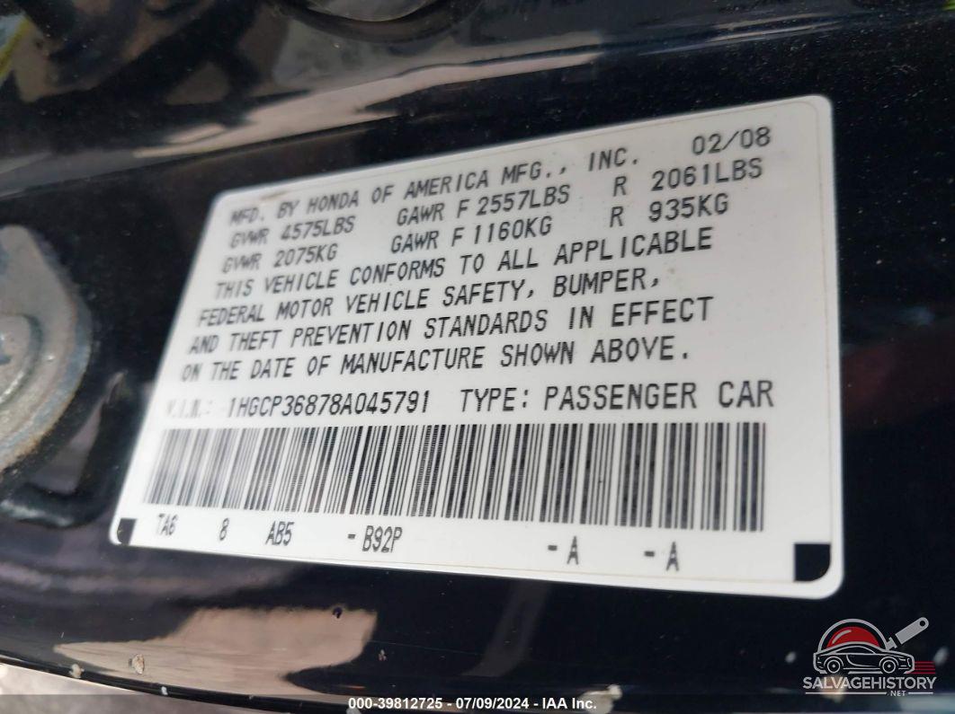 1HGCP36878A045791 2008 HONDA ACCORD photo no. 9