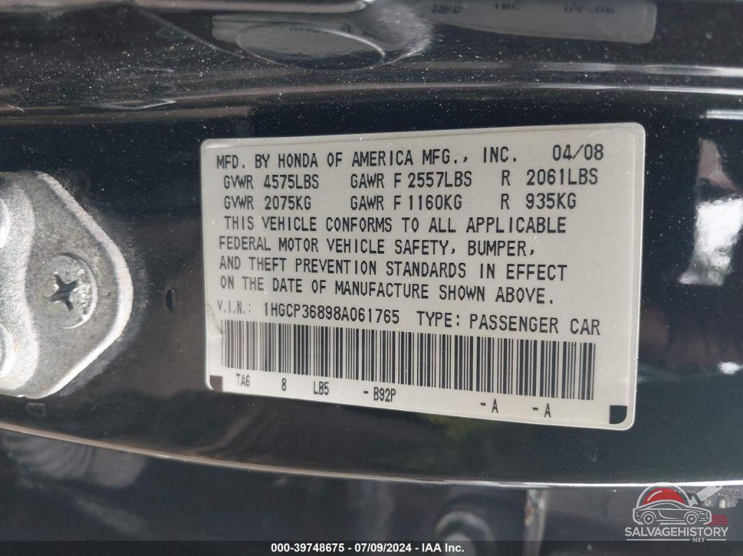 1HGCP36898A061765 2008 HONDA ACCORD photo no. 9