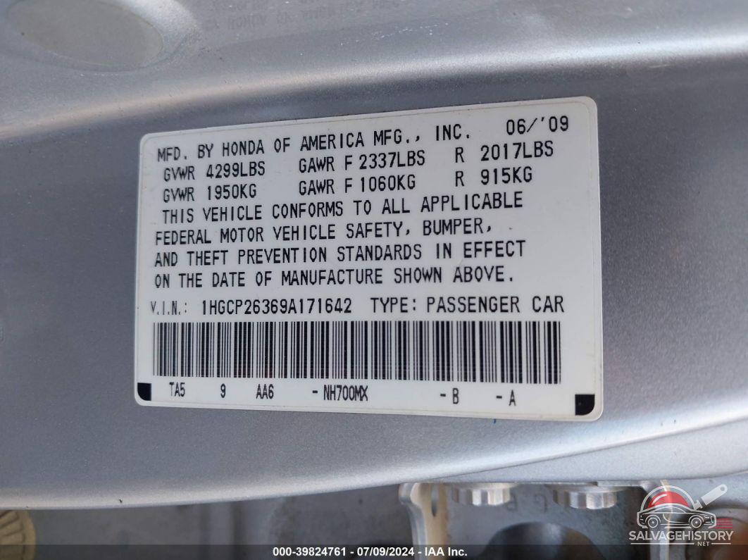 1HGCP26369A171642 2009 HONDA ACCORD photo no. 9