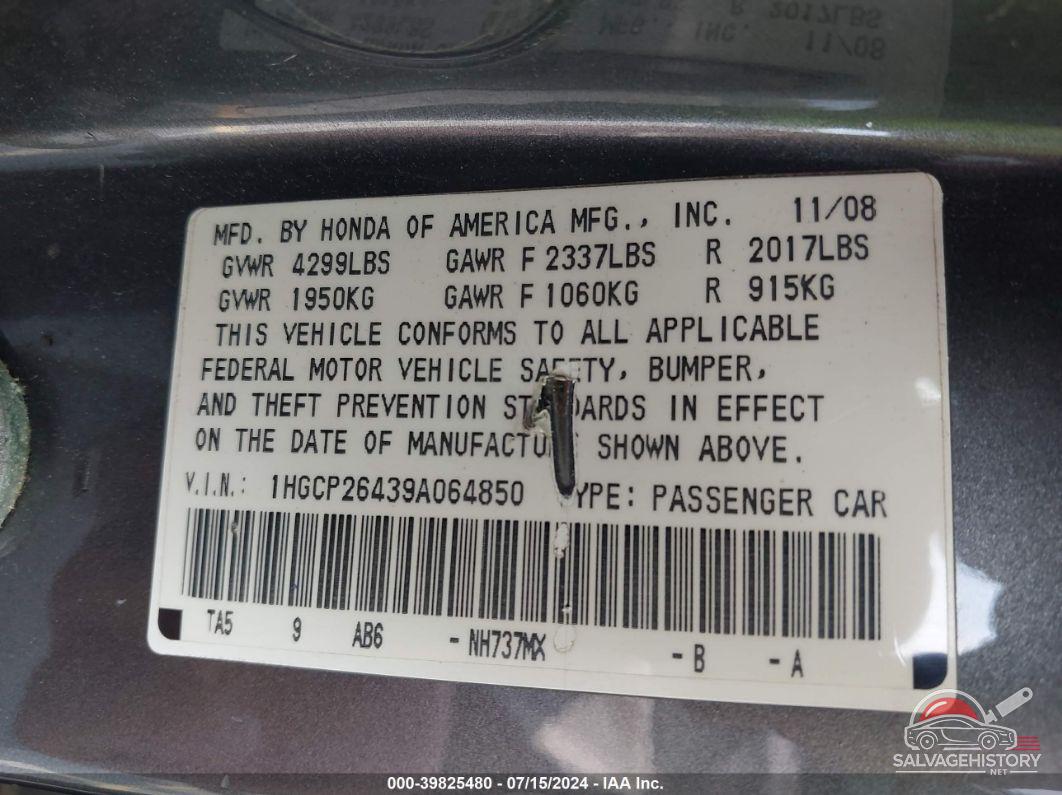 1HGCP26439A064850 2009 HONDA ACCORD photo no. 9