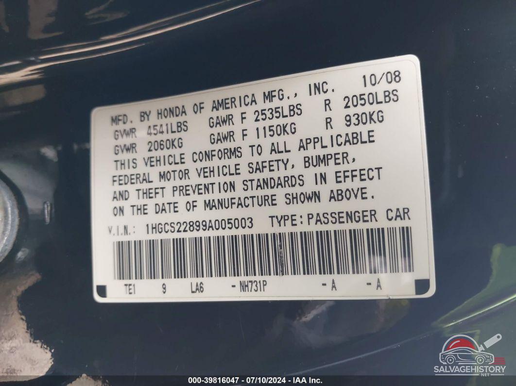 1HGCS22899A005003 2009 HONDA ACCORD photo no. 9