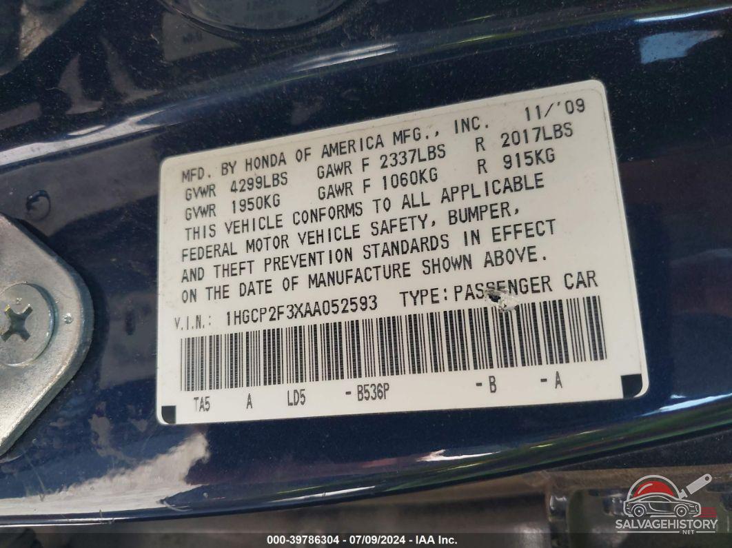 1HGCP2F3XAA052593 2010 HONDA ACCORD photo no. 9
