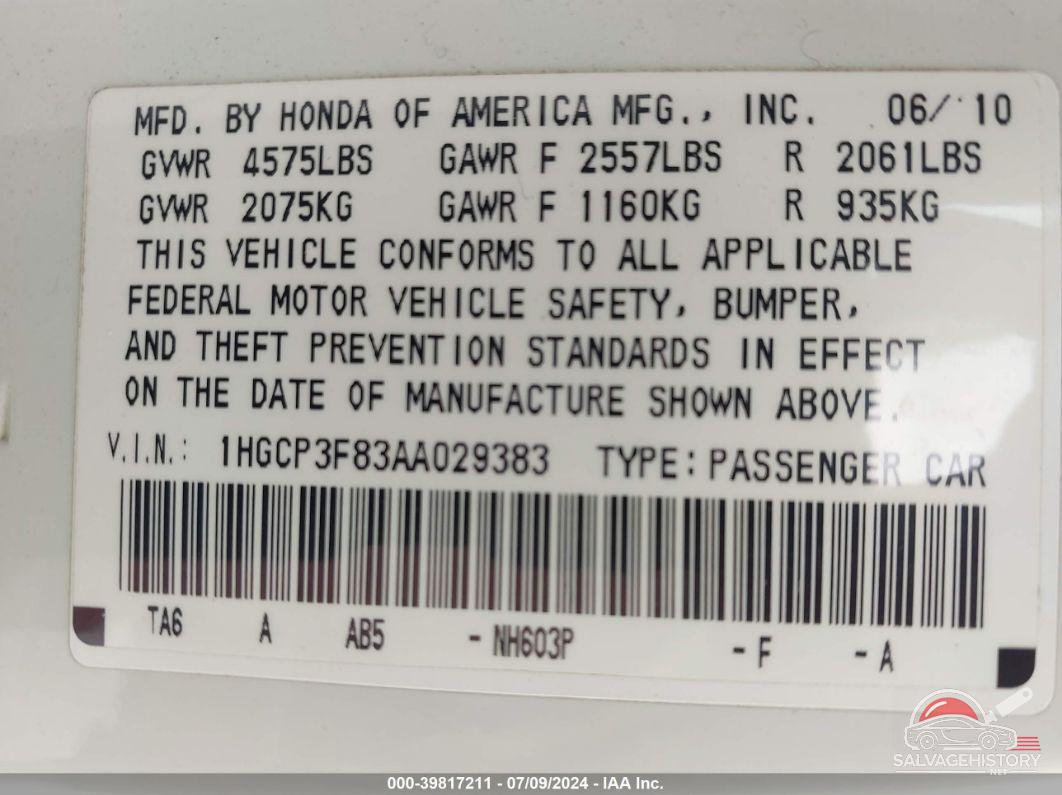 1HGCP3F83AA029383 2010 HONDA ACCORD photo no. 9