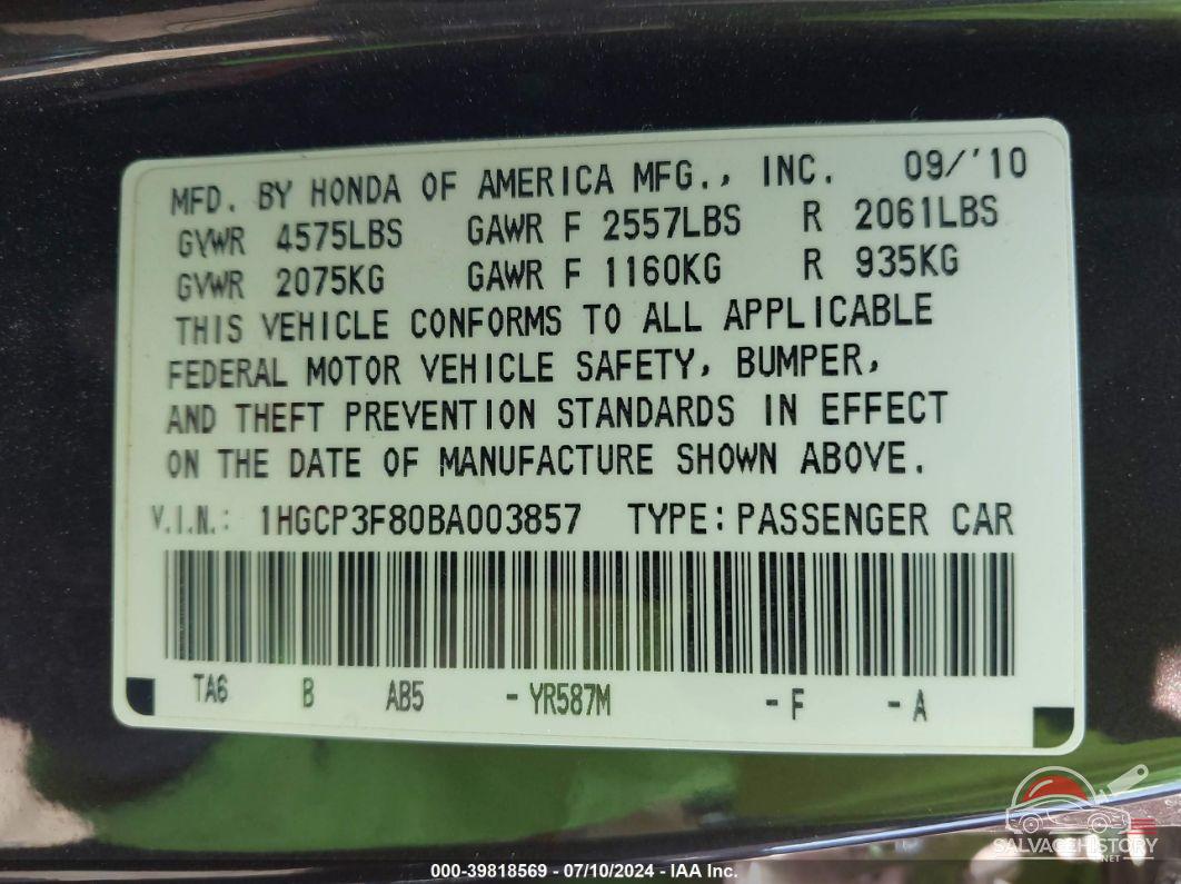 1HGCP3F80BA003857 2011 HONDA ACCORD photo no. 9